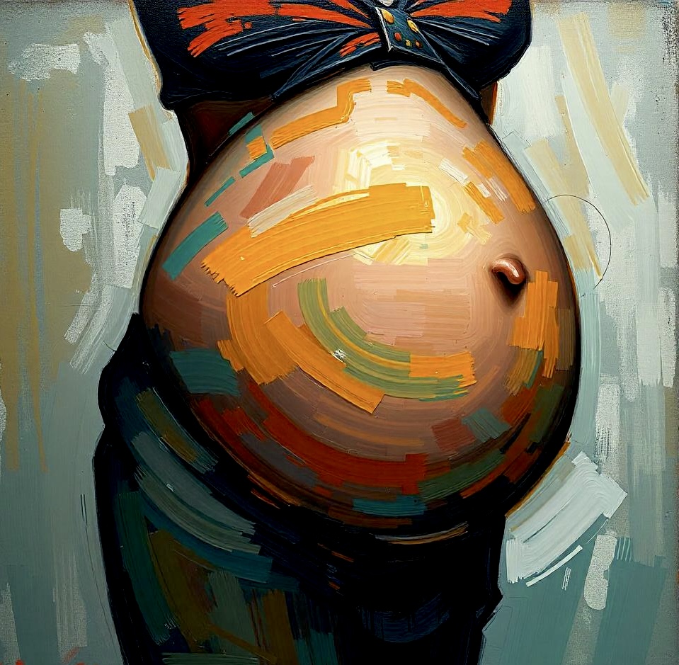 Oil painting multi colored pregnant belly