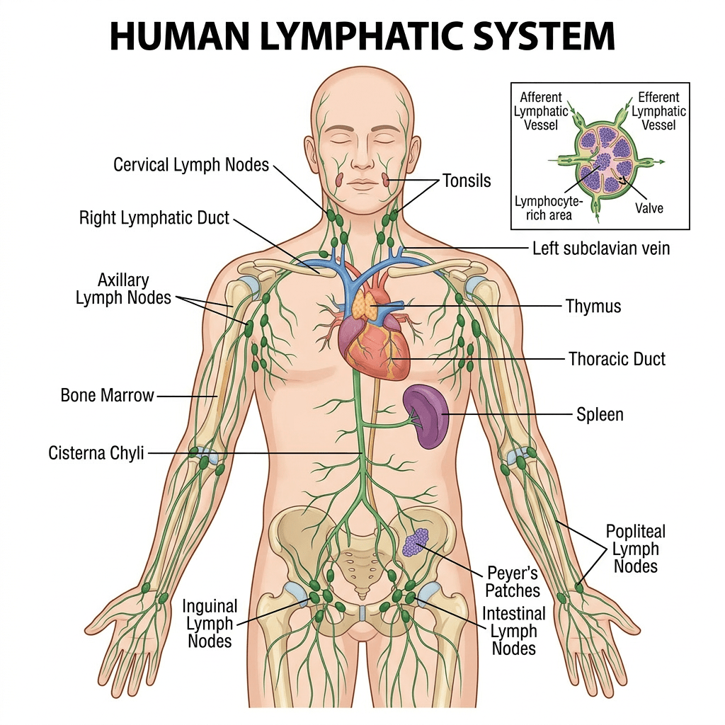 Diagram of human lymphatic system including nodes, ducts, thymus, spleen, and vessels