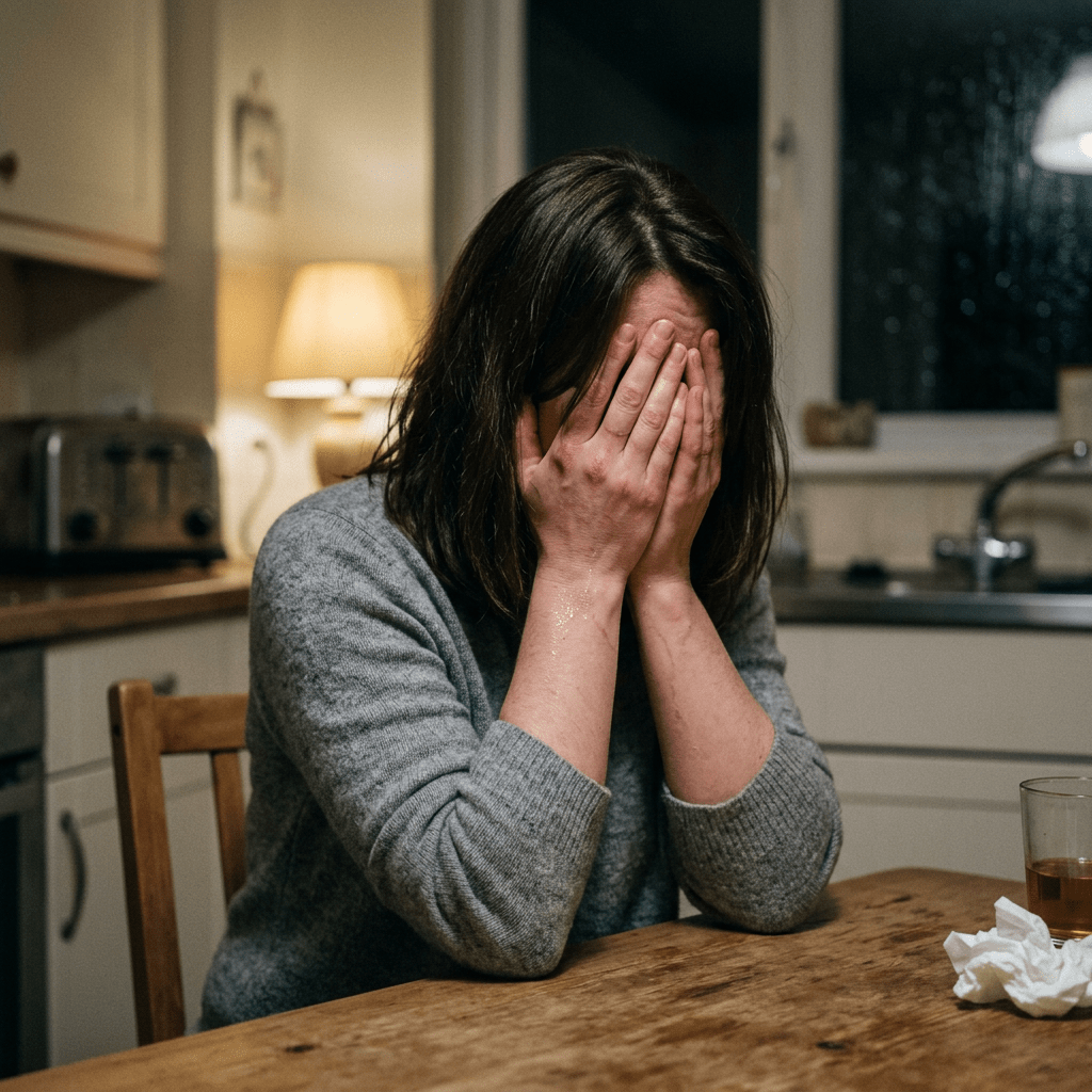 Woman covering her face with hands sitting at kitchen table